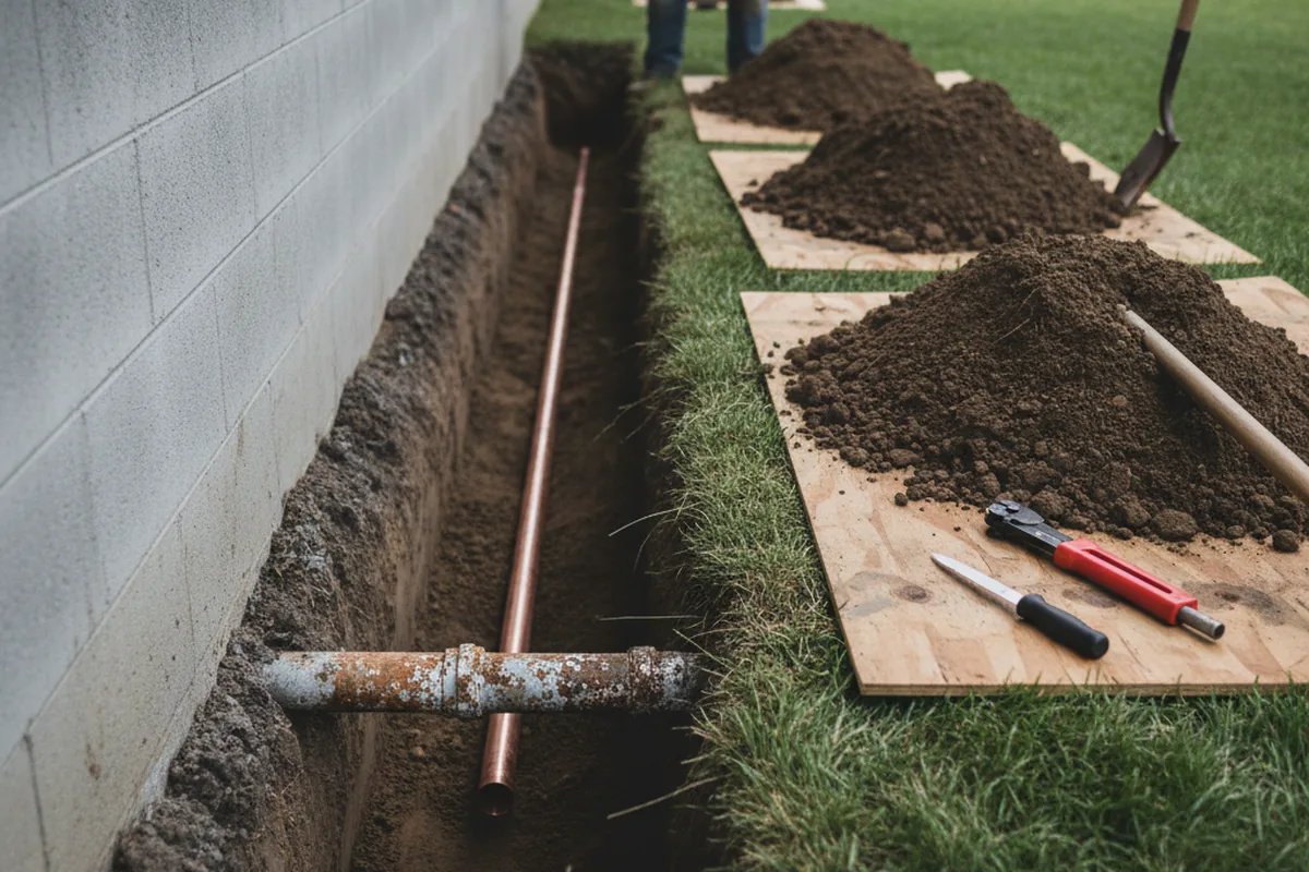 Excavated water line trench during Sewer Line Repair in Jordan Valley